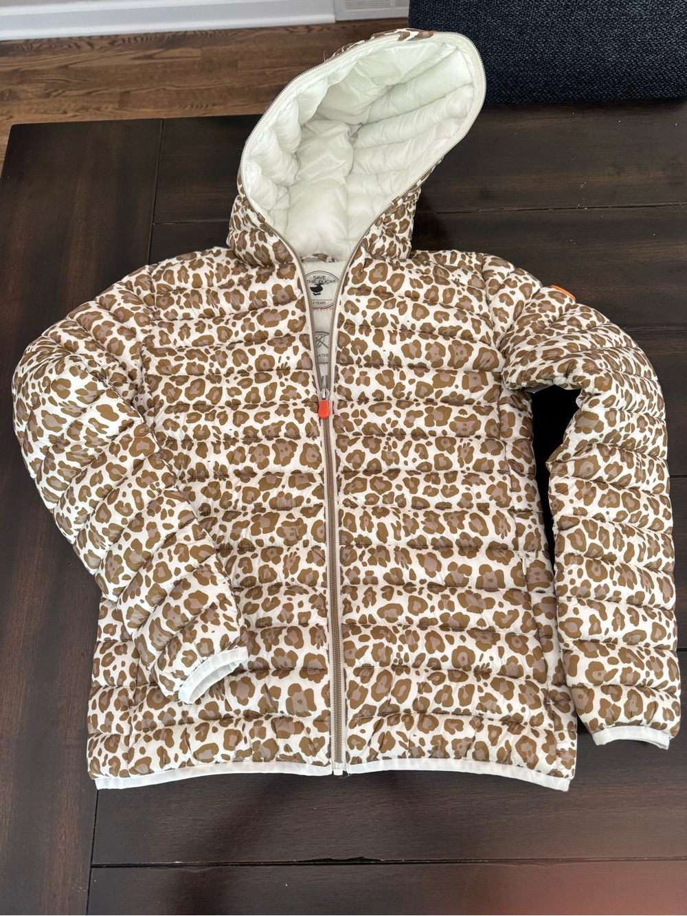 NWOT SAVE THE DUCK Girls' White & Brown Leopard Quilted Hooded Jacket